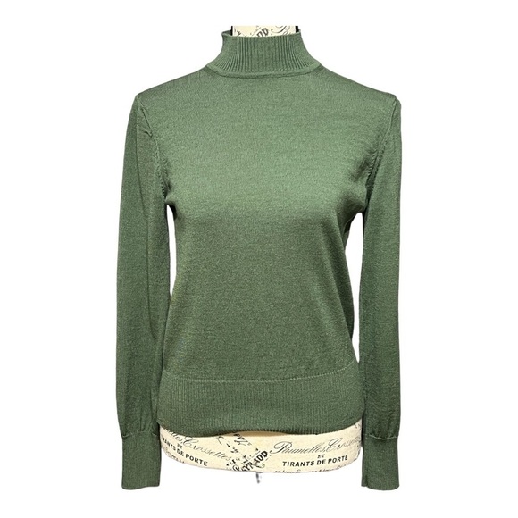 Kate Hill Mock Neck Sweater Green Lightweight Italian Merino Wool Preppy Small - Picture 1 of 9